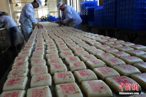 資料圖：師傅們在把制作好的桂花糖年糕擺放整齊。王思哲 攝