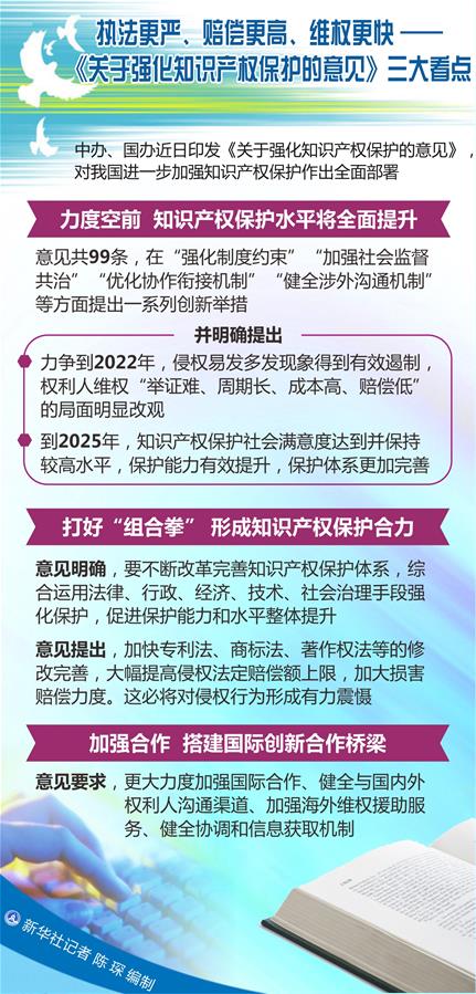 （圖表）[新華調(diào)查]執(zhí)法更嚴(yán)、賠償更高、維權(quán)更快——《關(guān)于強(qiáng)化知識產(chǎn)權(quán)保護(hù)的意見》三大看點(diǎn)