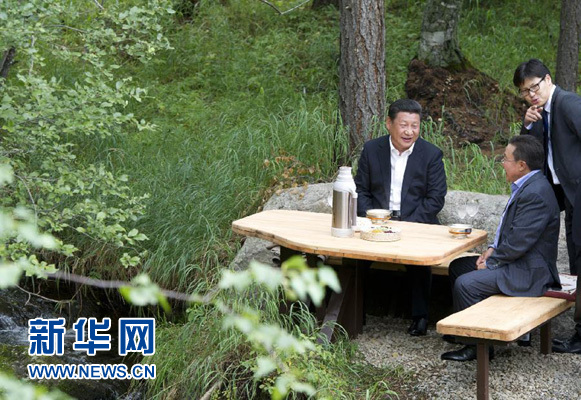 8月22日，國家主席習近平同蒙古國總統(tǒng)額勒貝格道爾吉在烏蘭巴托市郊的總統(tǒng)官邸再次會晤。這是習近平同額勒貝格道爾吉會晤后在溪畔飲茶。新華社記者 黃敬文 攝