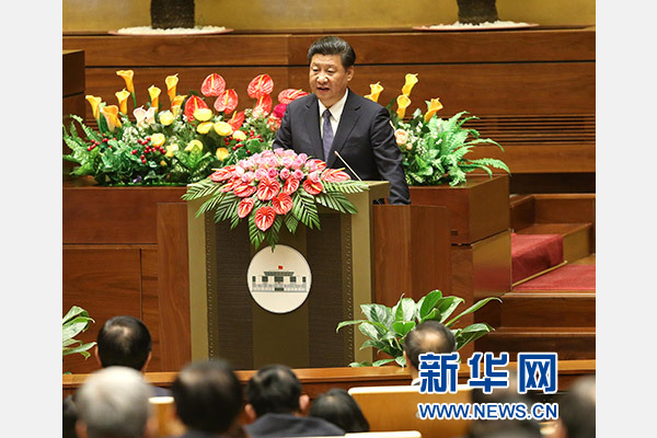 11月6日，中共中央總書記、國家主席習近平在越南國會發表題為《共同譜寫中越友好新篇章》的重要演講。 新華社記者 龐興雷 攝