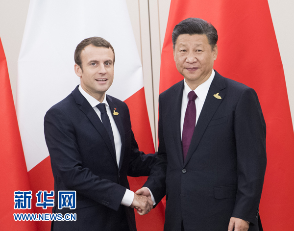 7月8日，國家主席習近平在漢堡會見法國總統馬克龍。新華社記者 李學仁 攝